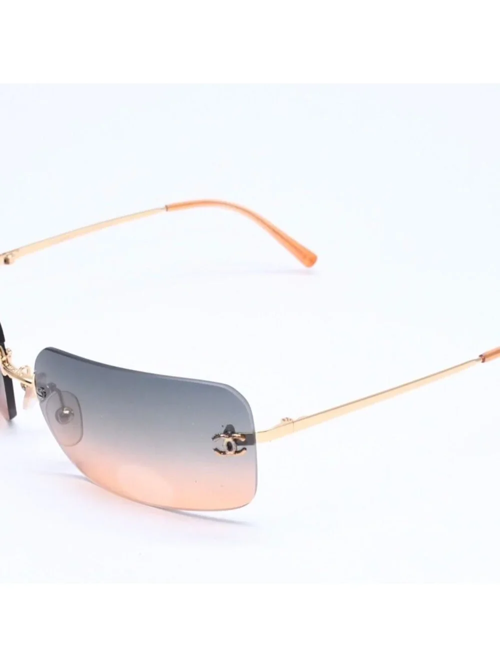 Chanel Rimless Sunglasses Gradation Orange Blue Gold Frame Eyewear